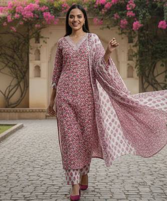 Women Floral Printed Regular Thread Work  Cotton Kurta with Trousers & With Dupatta 1