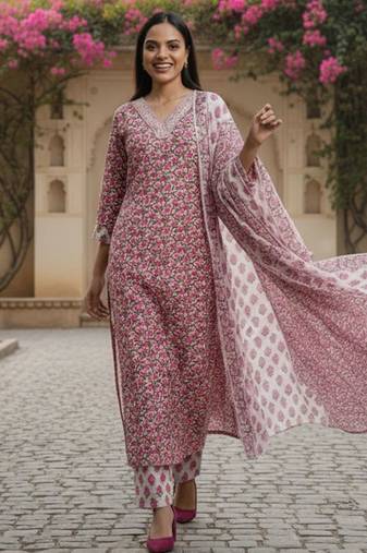 Women Floral Printed Regular Thread Work Pure Cotton Kurta with Trousers & With Dupatta