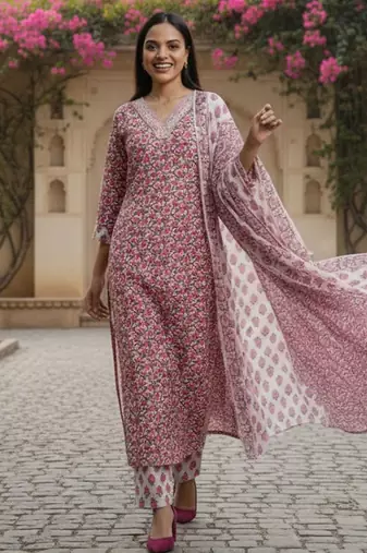Women Floral Printed Regular Thread Work Pure Cotton Kurta with Trousers & With Dupatta