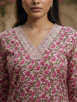 Women Floral Printed Regular Thread Work  Cotton Kurta with Trousers & With Dupatta 2