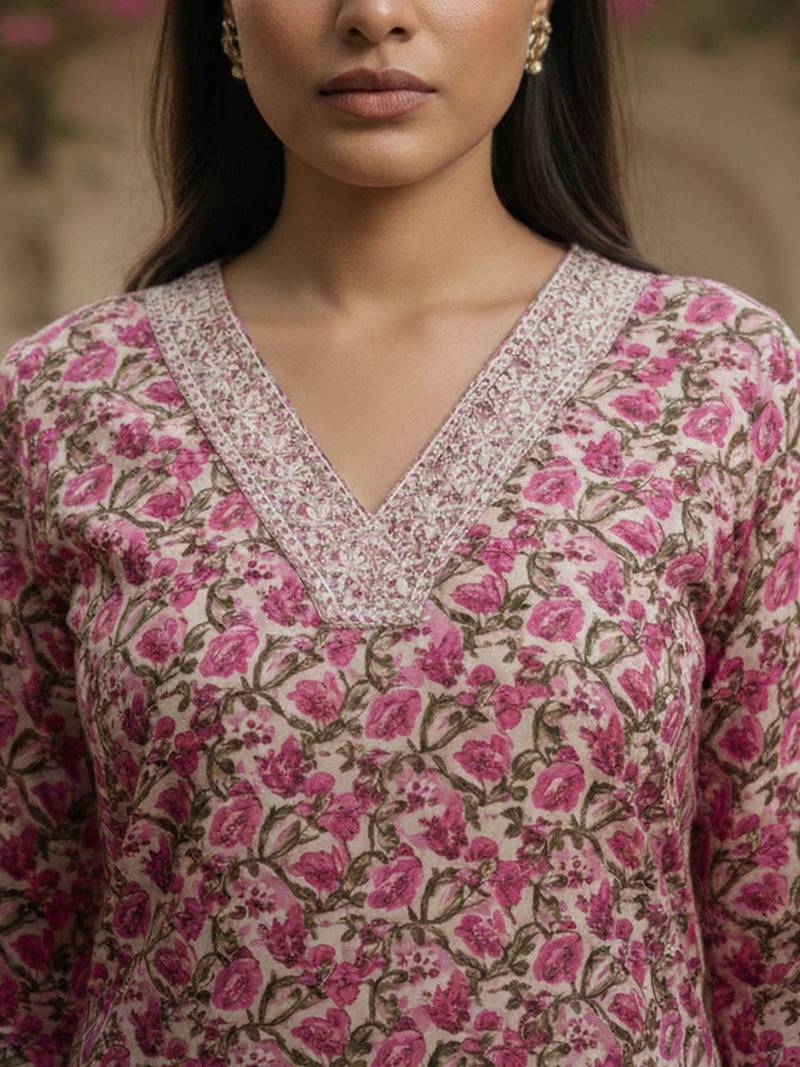 Women Floral Printed Regular Thread Work  Cotton Kurta with Trousers & With Dupatta