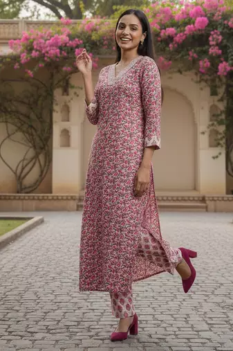 Women Floral Printed Regular Thread Work Pure Cotton Kurta with Trousers & With Dupatta