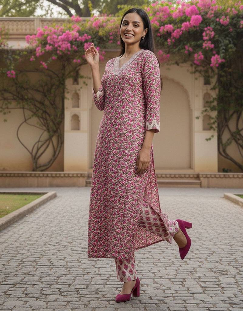 Women Floral Printed Regular Thread Work  Cotton Kurta with Trousers & With Dupatta