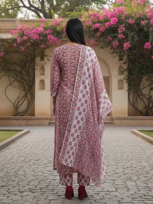 Women Floral Printed Regular Thread Work  Cotton Kurta with Trousers & With Dupatta 4