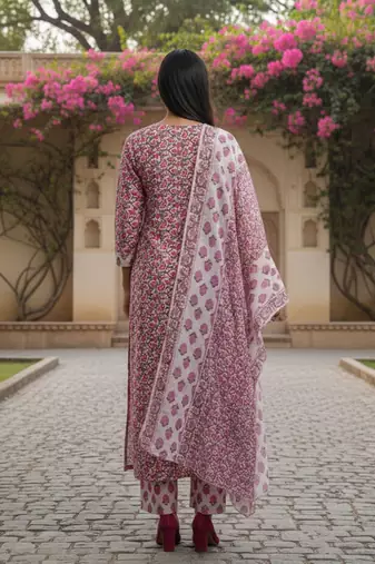 Women Floral Printed Regular Thread Work Pure Cotton Kurta with Trousers & With Dupatta