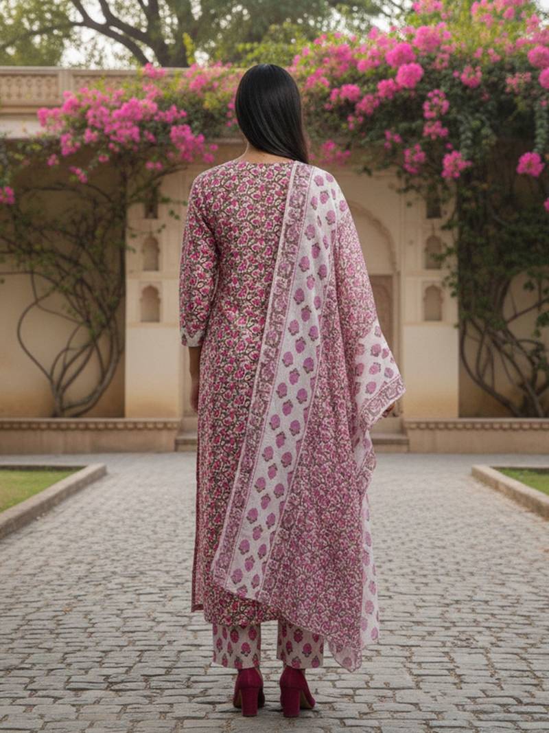 Women Floral Printed Regular Thread Work  Cotton Kurta with Trousers & With Dupatta