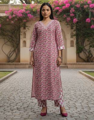 Women Floral Printed Regular Thread Work  Cotton Kurta with Trousers & With Dupatta 5