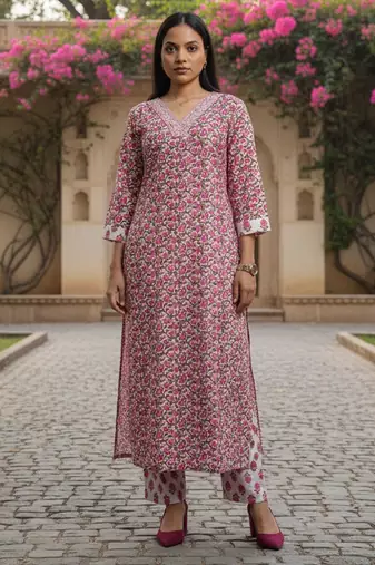 Women Floral Printed Regular Thread Work Pure Cotton Kurta with Trousers & With Dupatta
