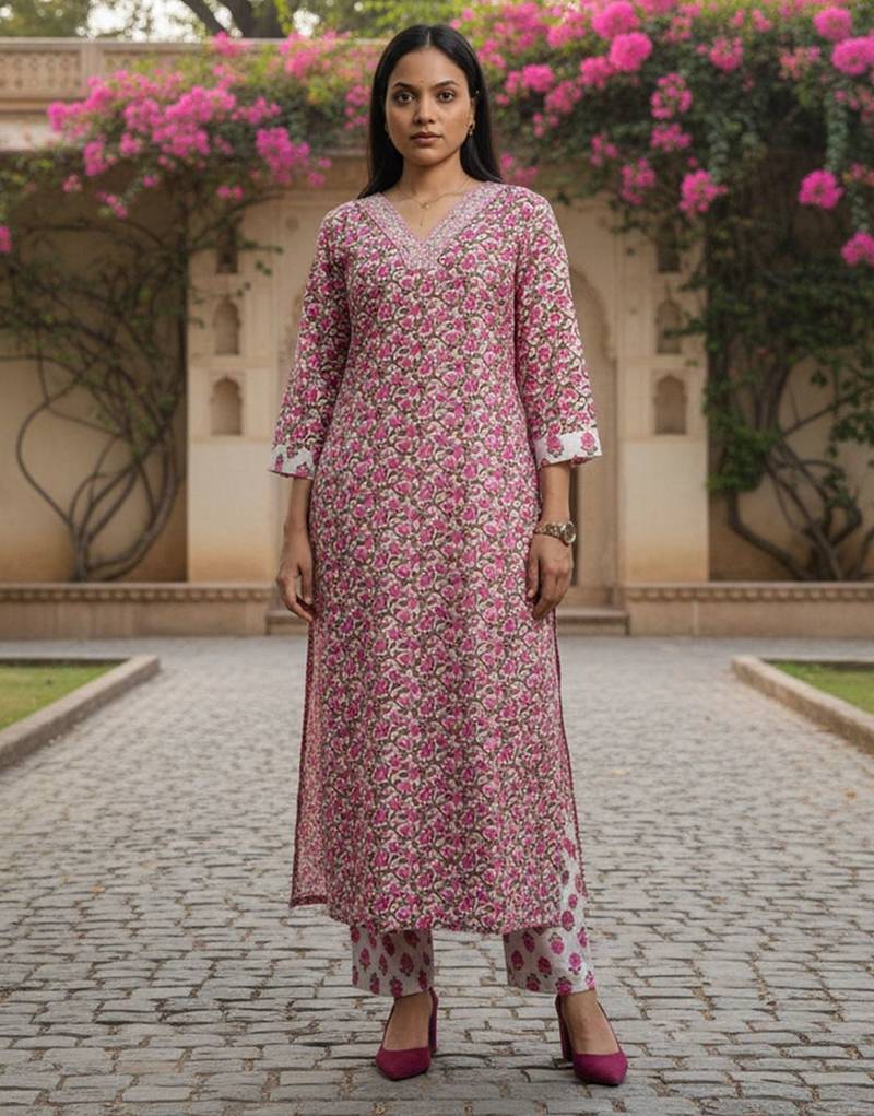 Women Floral Printed Regular Thread Work  Cotton Kurta with Trousers & With Dupatta