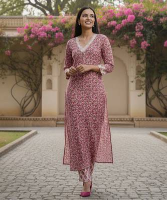 Women Floral Printed Regular Thread Work  Cotton Kurta with Trousers & With Dupatta 6
