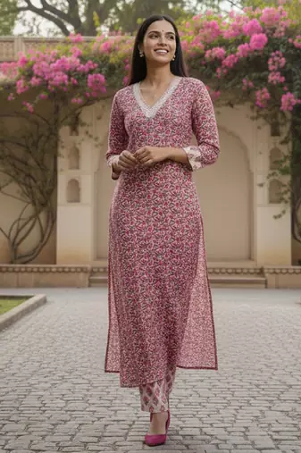 Women Floral Printed Regular Thread Work Pure Cotton Kurta with Trousers & With Dupatta