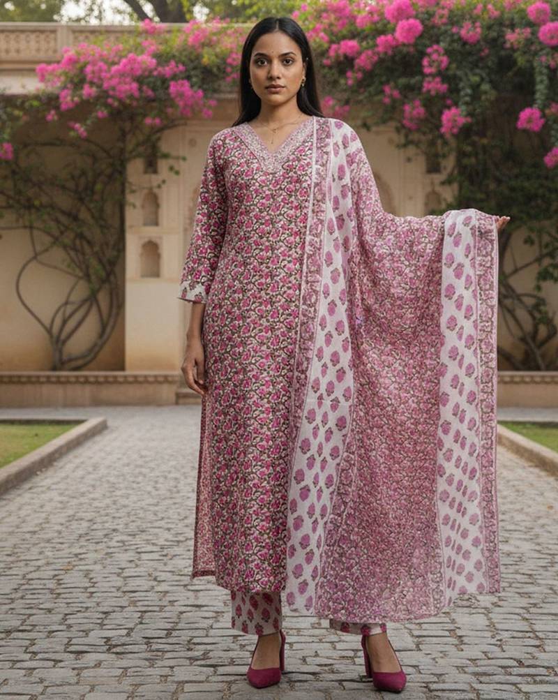 Women Floral Printed Regular Thread Work  Cotton Kurta with Trousers & With Dupatta