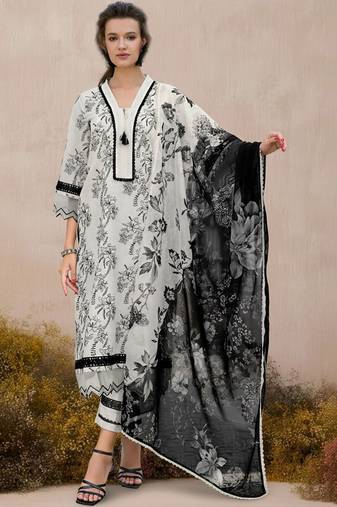 Floral Embroidered Thread Work  Cotton Kurta with Trousers & With Dupatta