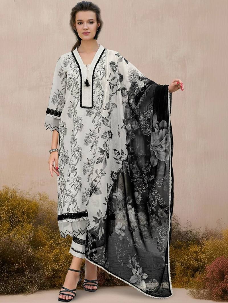 Floral Embroidered Thread Work Pure Cotton Kurta with Trousers & With Dupatta