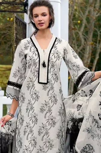 Floral Embroidered Thread Work Pure Cotton Kurta with Trousers & With Dupatta
