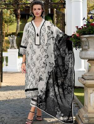 Floral Embroidered Thread Work Pure Cotton Kurta with Trousers & With Dupatta 3
