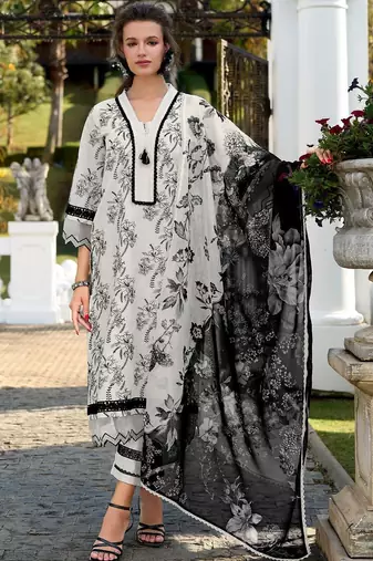 Floral Embroidered Thread Work Pure Cotton Kurta with Trousers & With Dupatta