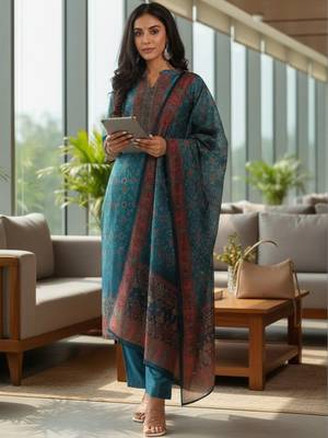 Women Ethnic Motifs Printed Regular Thread Work Chanderi Silk Kurta with Trousers & With Dupatta 1