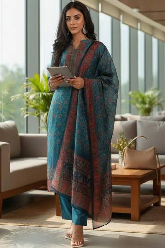 Women Ethnic Motifs Printed Regular Thread Work Chanderi Silk Kurta with Trousers & With Dupatta