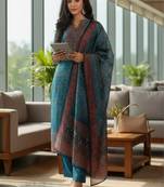 Women Ethnic Motifs Printed Regular Thread Work Chanderi Silk Kurta with Trousers & With Dupatta