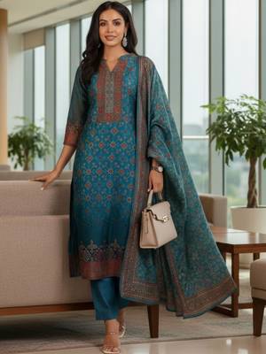 Women Ethnic Motifs Printed Regular Thread Work Chanderi Silk Kurta with Trousers & With Dupatta 2