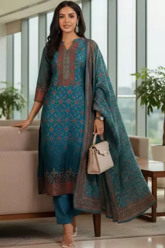 Women Ethnic Motifs Printed Regular Thread Work Chanderi Silk Kurta with Trousers & With Dupatta