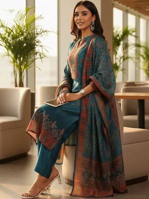 Women Ethnic Motifs Printed Regular Thread Work Chanderi Silk Kurta with Trousers & With Dupatta 4