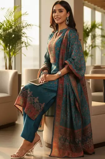 Women Ethnic Motifs Printed Regular Thread Work Chanderi Silk Kurta with Trousers & With Dupatta