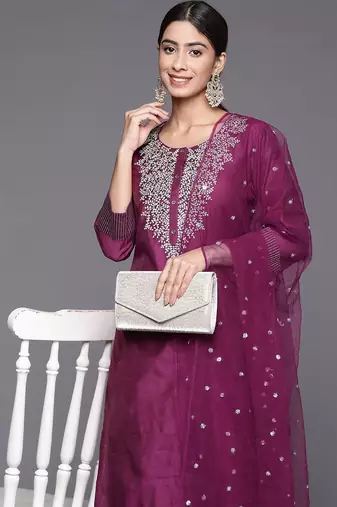 Floral Embroidered Zari Chanderi Silk Kurta with Trousers & Dupatta