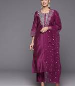 Floral Embroidered Zari Chanderi Silk Kurta with Trousers & Dupatta