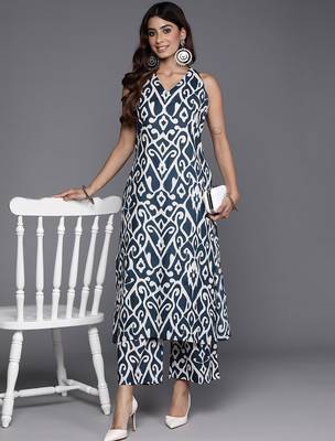 Navy Blue Ikat Printed Pure Cotton Sleeveless Kurta with Palazzo 1