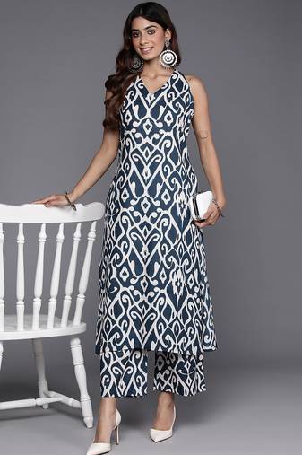 Navy Blue Ikat Printed  Cotton Sleeveless Kurta with Palazzo
