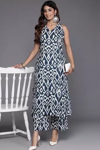 Navy Blue Ikat Printed Pure Cotton Sleeveless Kurta with Palazzo