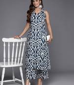 Navy Blue Ikat Printed Pure Cotton Sleeveless Kurta with Palazzo