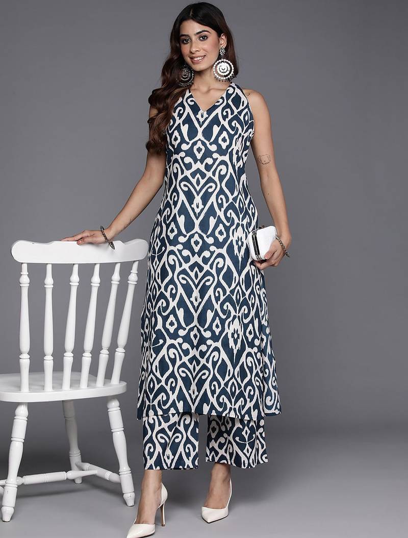 Navy Blue Ikat Printed Pure Cotton Sleeveless Kurta with Palazzo