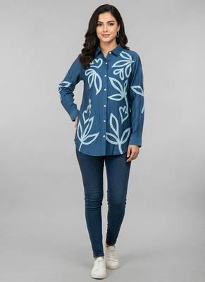 Blue leaf embroidered shirt 1