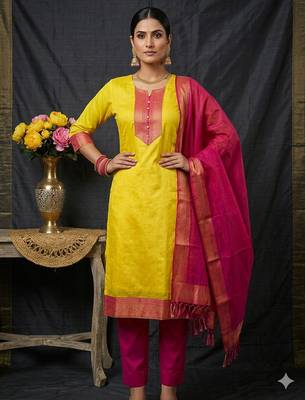 Lemon woven jaquard straight kurti dupatta with pant 1