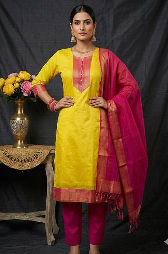 Lemon woven jaquard straight kurti dupatta with pant