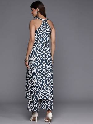 Navy Blue Ikat Printed Pure Cotton Sleeveless Kurta with Palazzo 5