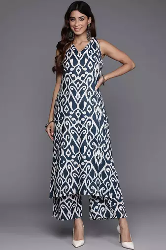 Navy Blue Ikat Printed Pure Cotton Sleeveless Kurta with Palazzo