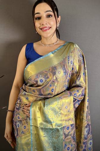 purple kanjeevaram silk blend zari woven saree with unstitched blouse piece.