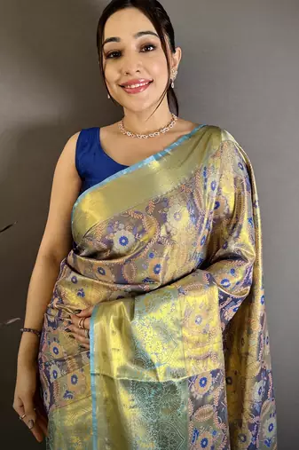 purple kanjeevaram silk blend zari woven saree with unstitched blouse piece.