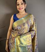 purple kanjeevaram silk blend zari woven saree with unstitched blouse piece.