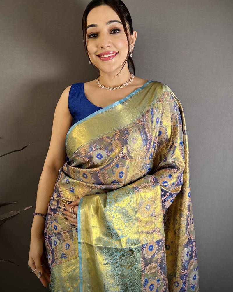 purple kanjeevaram silk blend zari woven saree with unstitched blouse piece.