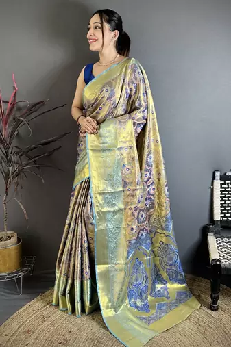 purple kanjeevaram silk blend zari woven saree with unstitched blouse piece.