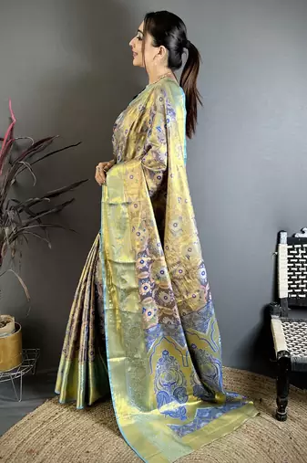 purple kanjeevaram silk blend zari woven saree with unstitched blouse piece.
