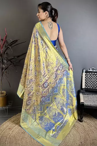 purple kanjeevaram silk blend zari woven saree with unstitched blouse piece.