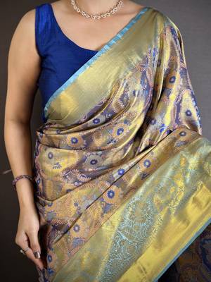 purple kanjeevaram silk blend zari woven saree with unstitched blouse piece. 5