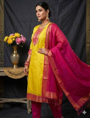 Lemon woven jaquard straight kurti dupatta with pant 2