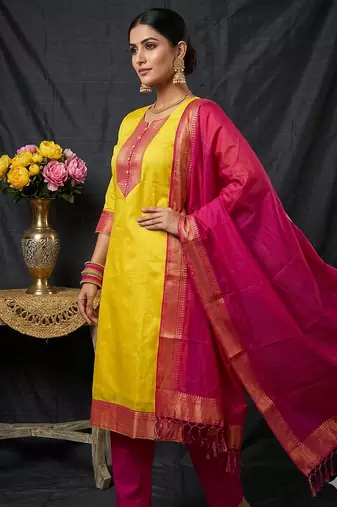 Lemon woven jaquard straight kurti dupatta with pant